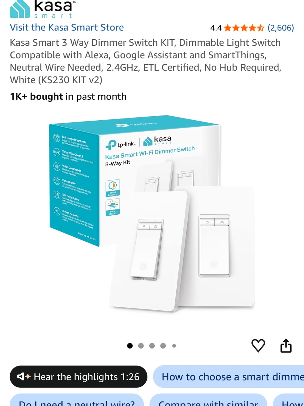 Kasa Smart Wi‑Fi Dimmer Switch 3‑Way Kit - White 2 boxes 4 switches